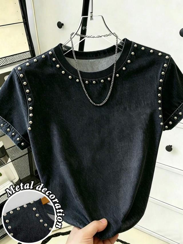 black denim t-shirt with silver metal stud decoration