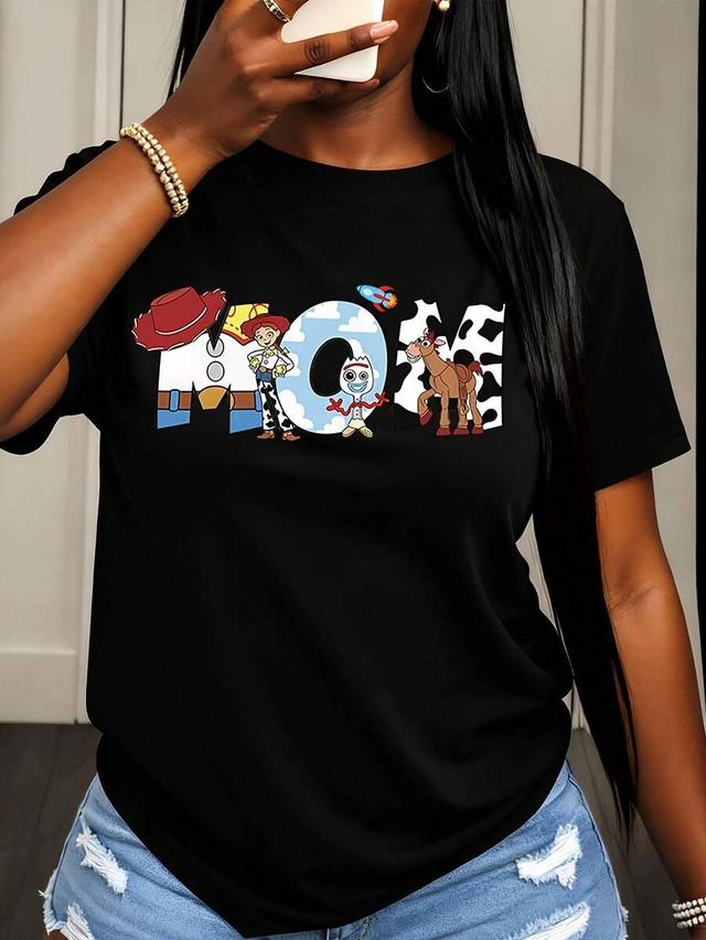 black cotton toy story mom graphic print t-shirt