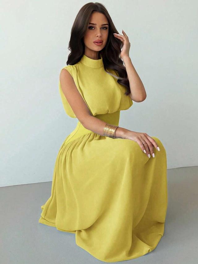 elegant high neck cinched waist yellow summer dress