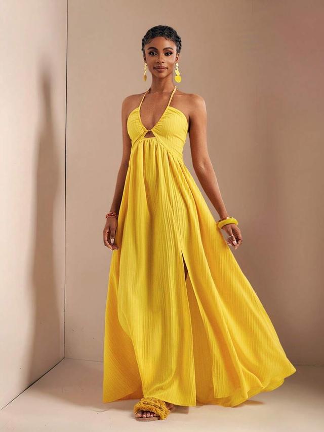 bright yellow pleated halter maxi dress