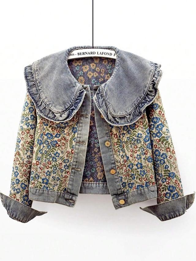 floral print denim jacket with ruffled collar