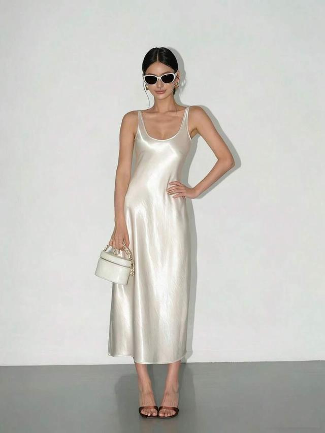 women's white semi-sheer satin midi dress elegant