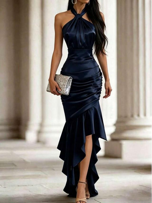 elegant black satin halter neck ruffle hem dress
