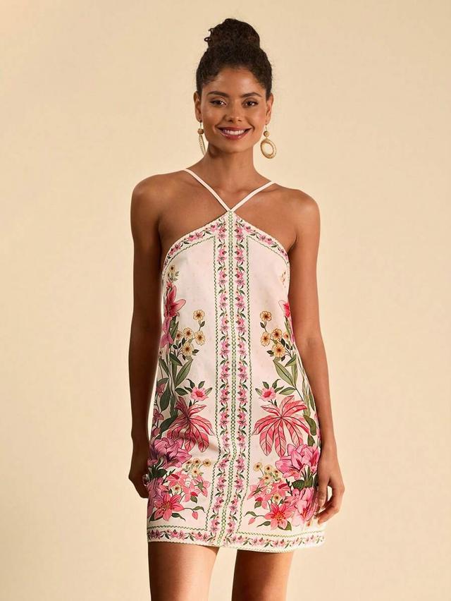 beige floral print backless halter mini dress