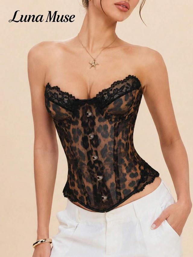 leopard print lace trim strapless corset bustier top