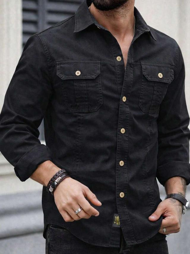 men's solid black military style long sleeve button-up shirt