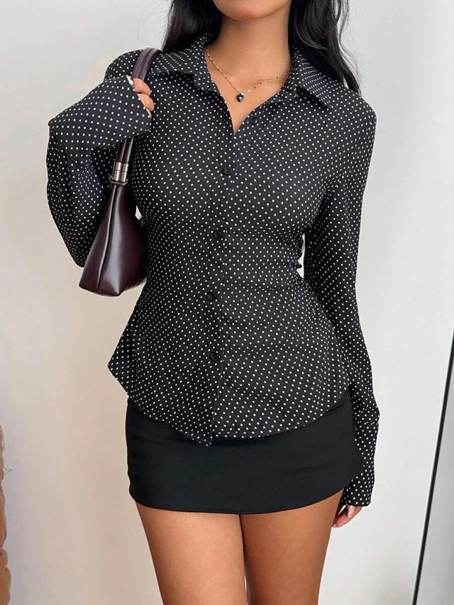 black polka dot long sleeve fitted blouse