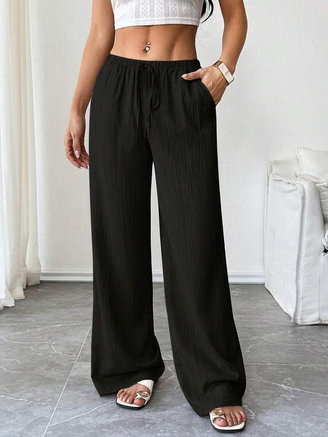 black textured casual wide leg drawstring trousers