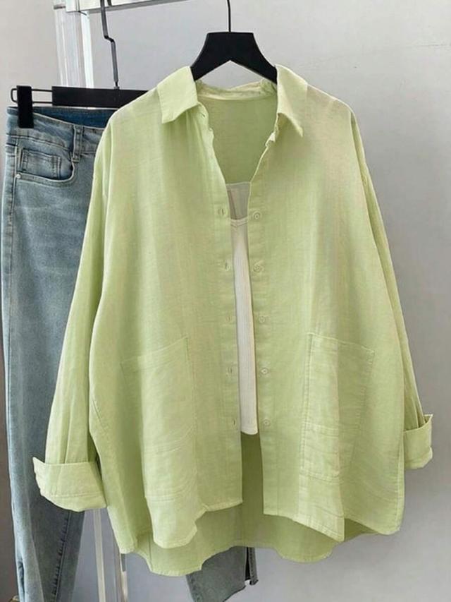 women's light green loose casual long sleeve shirt