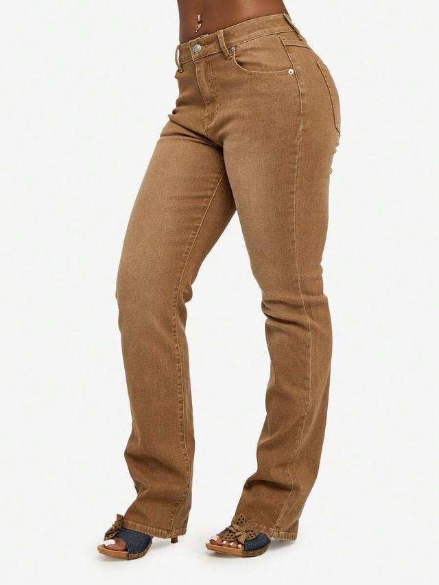 brown denim mid-rise straight leg jeans
