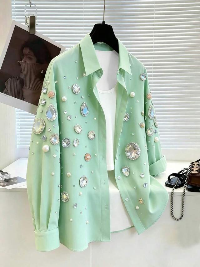 mint green rhinestone pearl embellished button down shirt