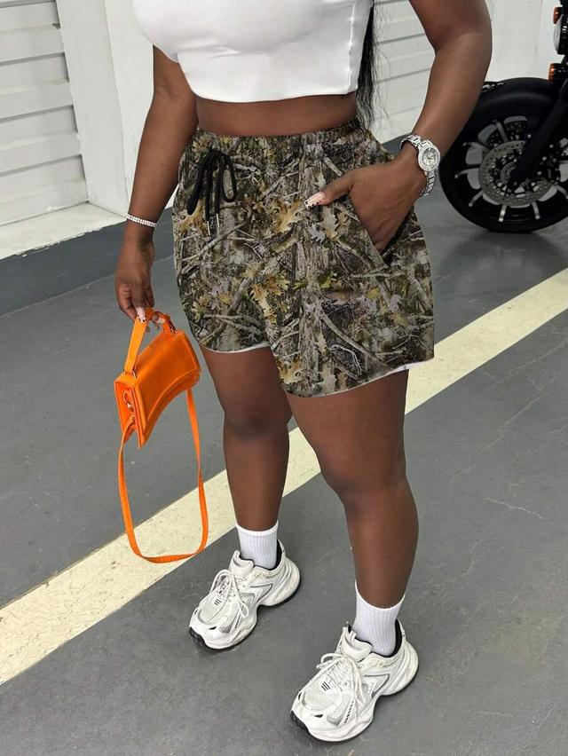 branch twig print drawstring waist loose shorts