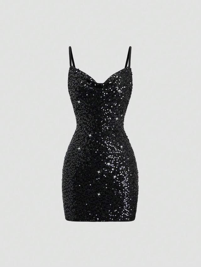 solid black sequin plunging neckline cami mini dress