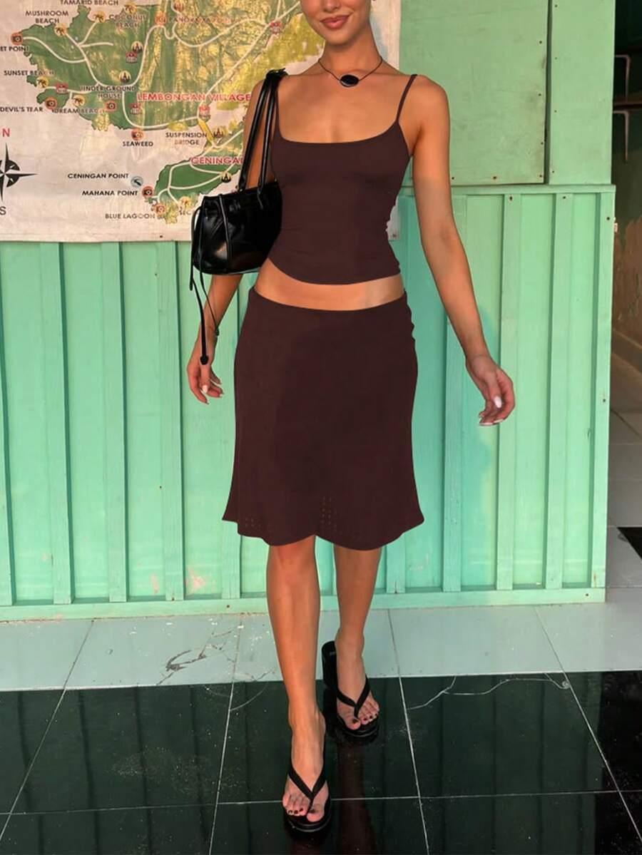 women's casual fitted solid brown camisole and mini skirt
