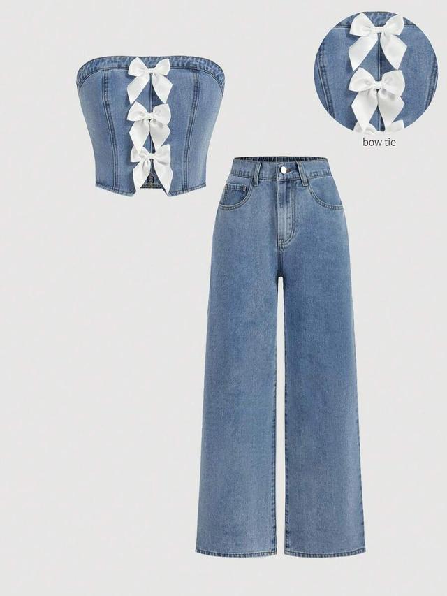 casual denim bandeau top and wide leg pants set
