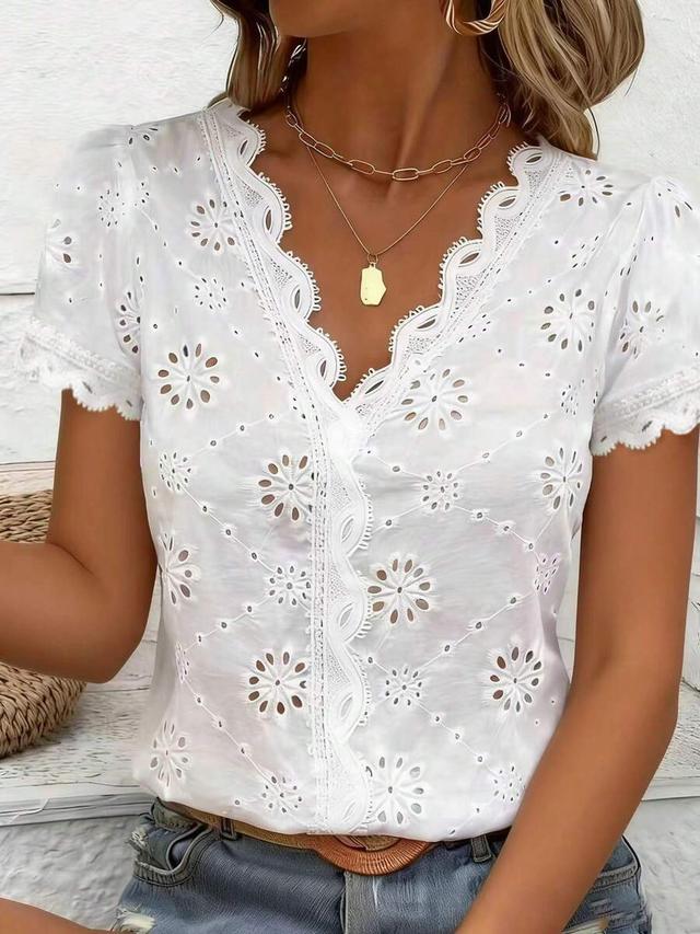 women's romantic hollow v-neck short sleeve top