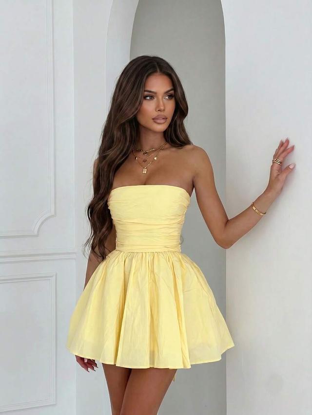 elegant romantic minimalist yellow strapless mini dress