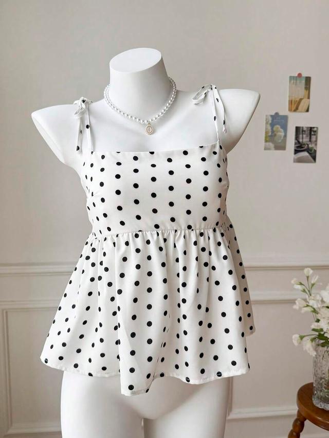 white woven polka dot camisole with tie straps