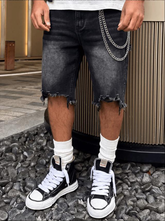 men's black frayed hem distressed bermuda shorts