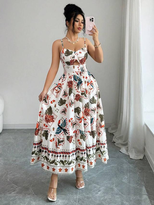 white floral tropical print spaghetti strap midi dress