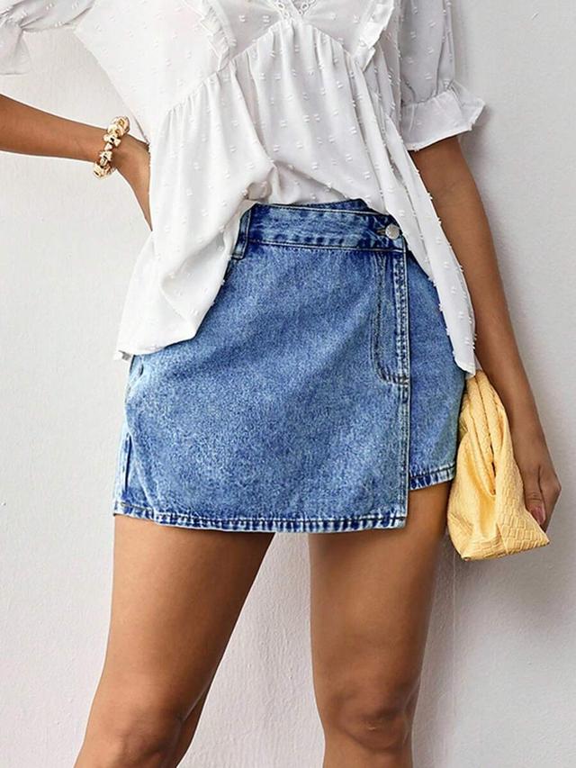 asymmetrical hemline casual denim mini skirt with pockets