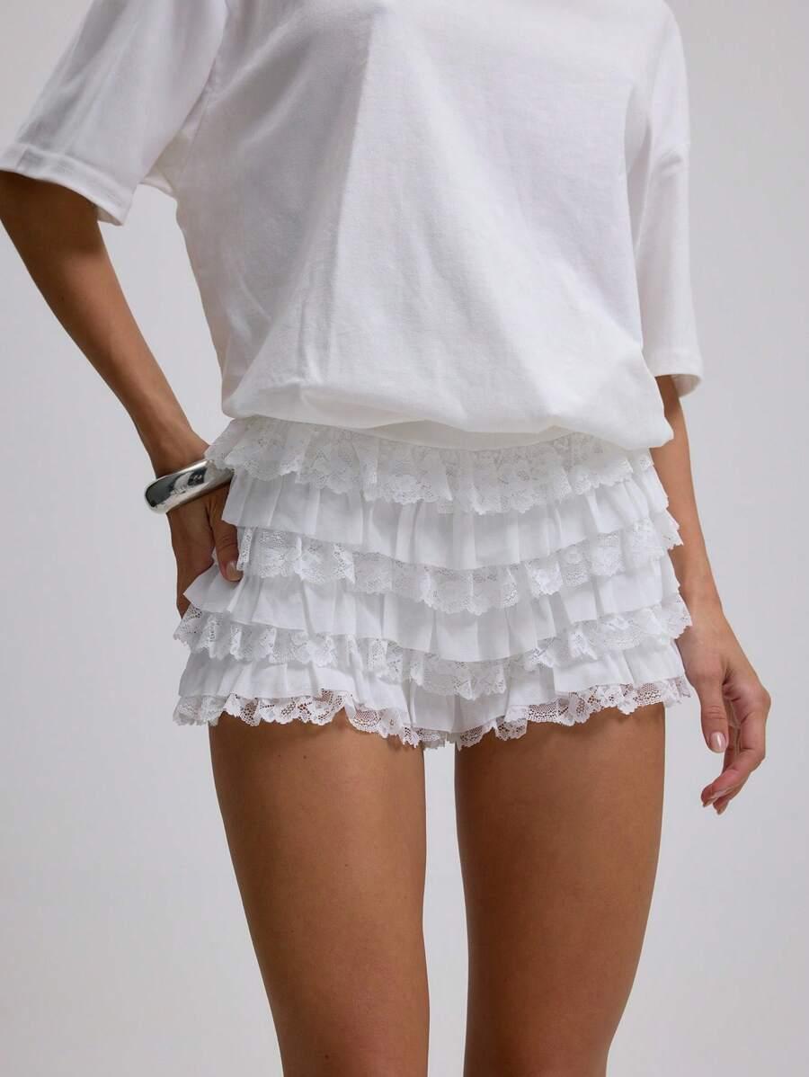 white lace trim frilly ruffled mesh micro shorts