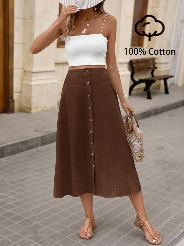 brown button front cotton midi skirt