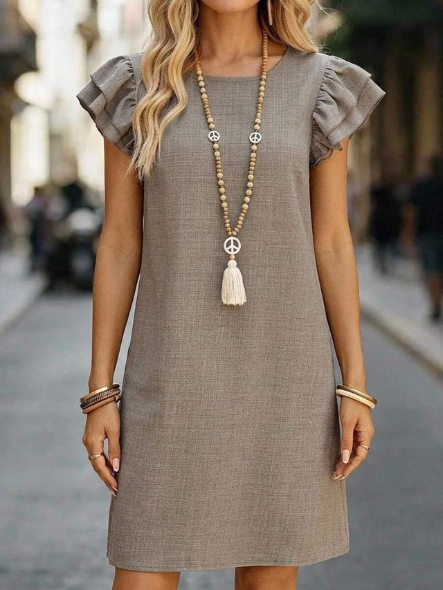 taupe round neck ruffle sleeve shift dress