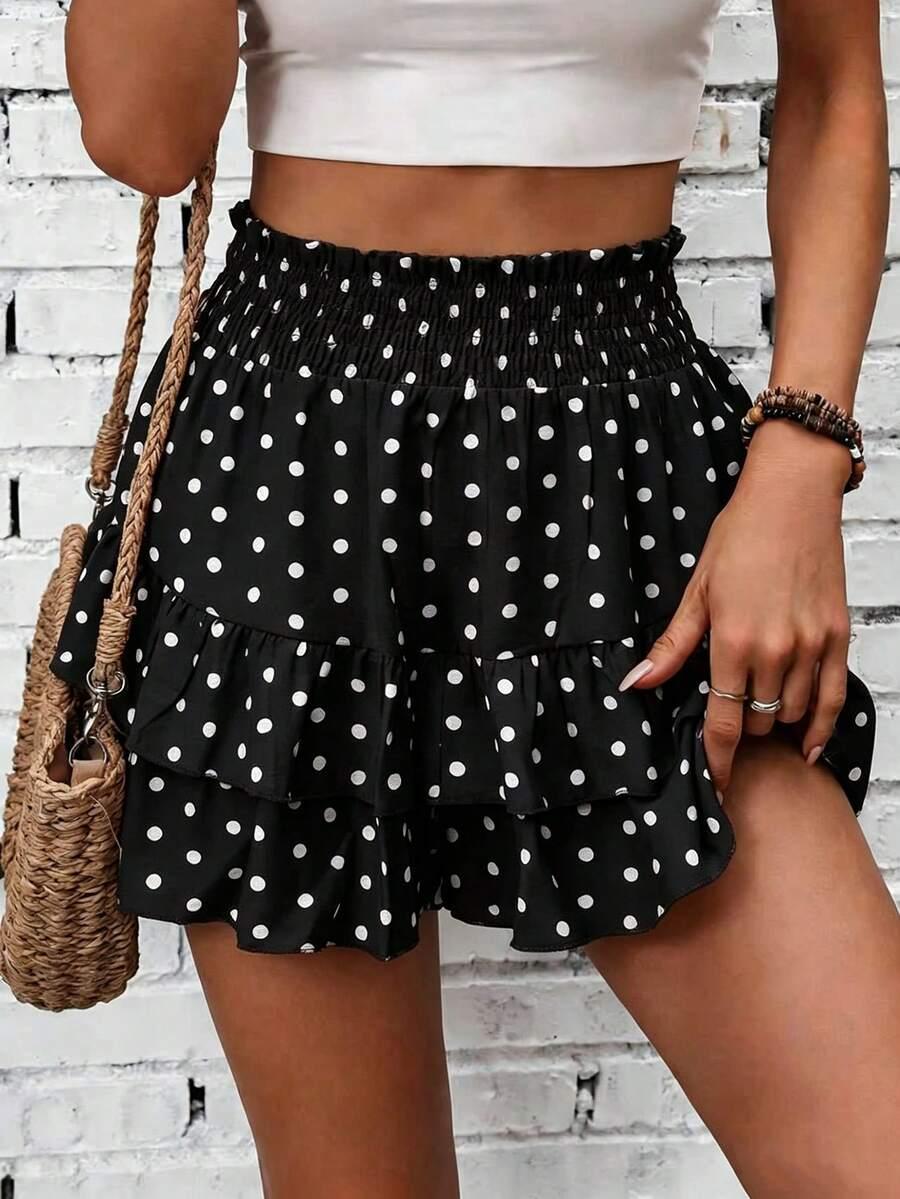 polka dot faux linen double ruffle hem skort