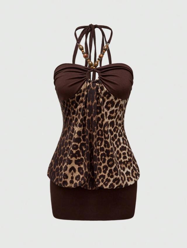 leopard print patchwork halter bodycon midi dress