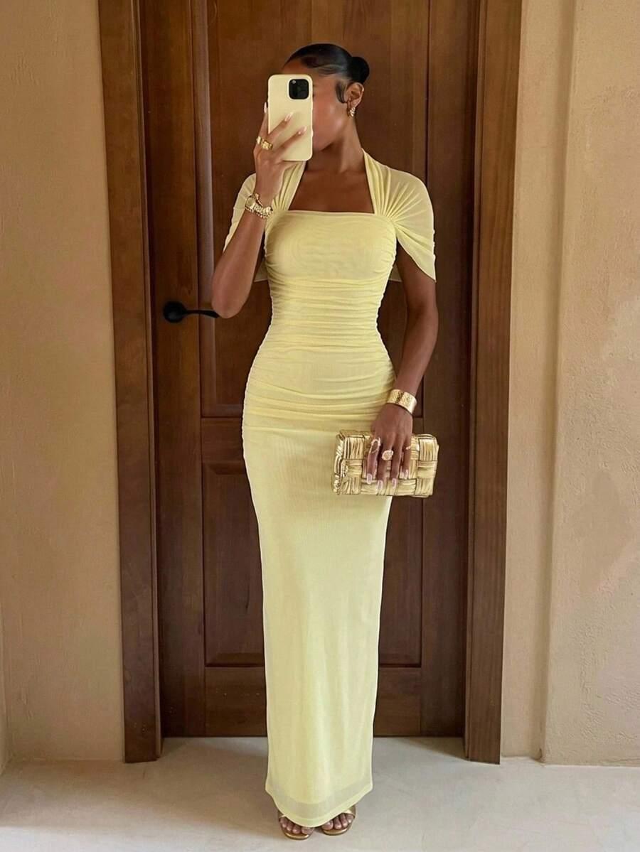 pale yellow ruched bodycon halterneck cocktail dress