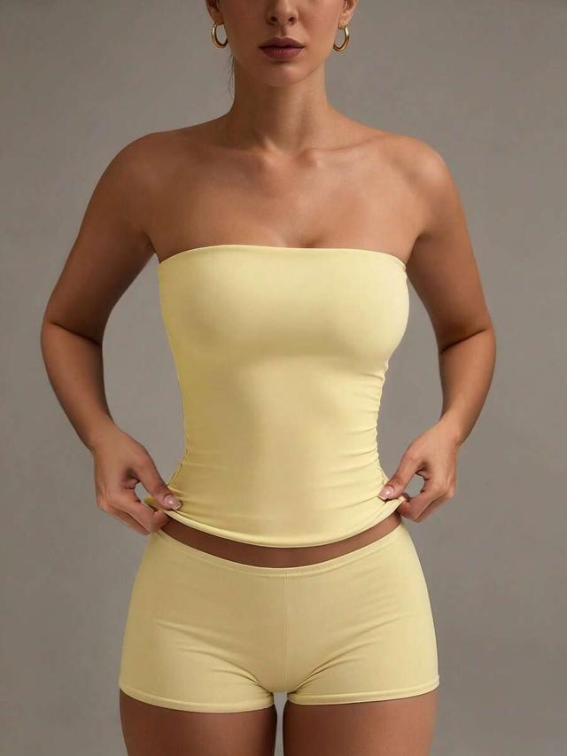yellow strapless basic fitted tube top