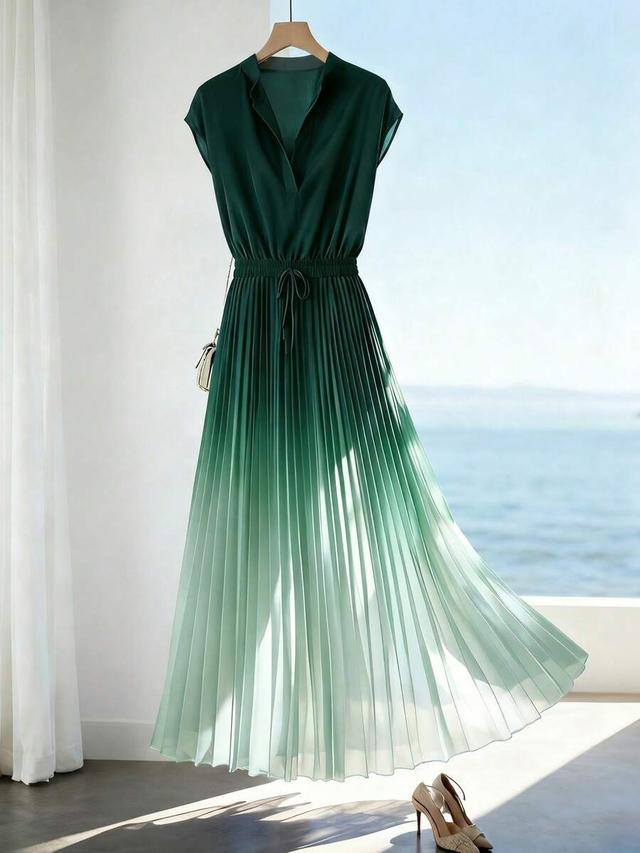 dark green ombre pleated hem a-line midi dress