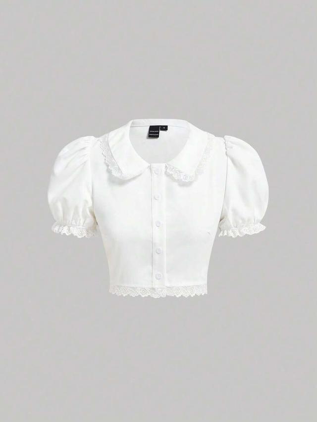 white lace trim puff sleeve crop blouse