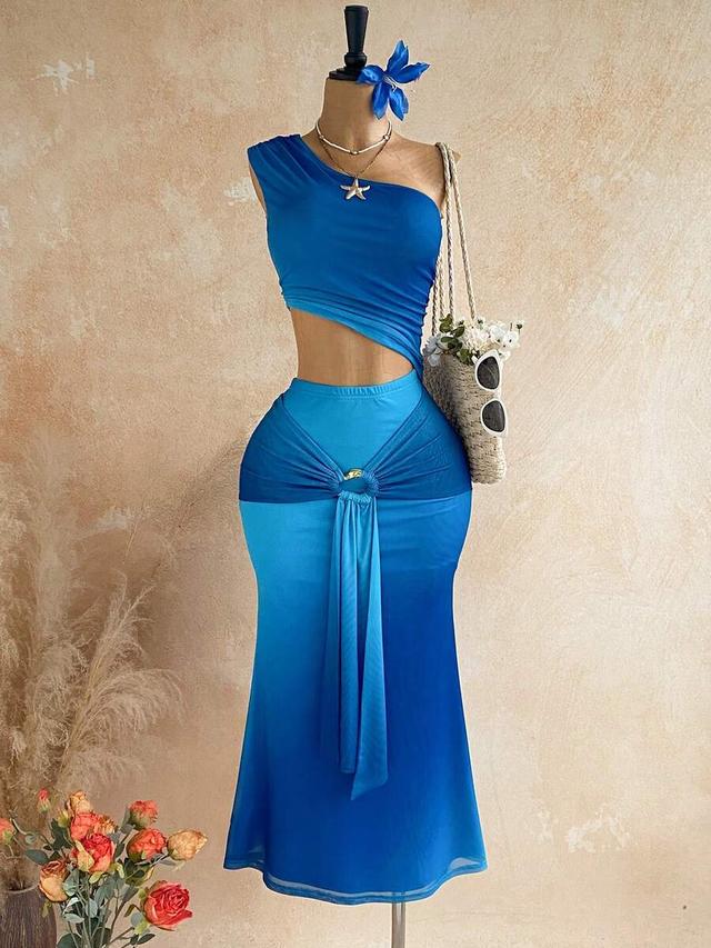 blue one-shoulder cut-out midi dress with ring detail