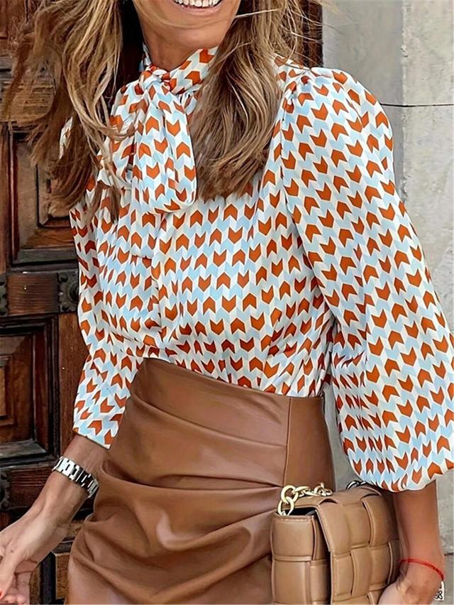 geometric print lantern sleeve bow collar blouse