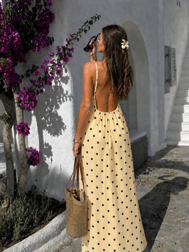 yellow polka dot backless maxi dress