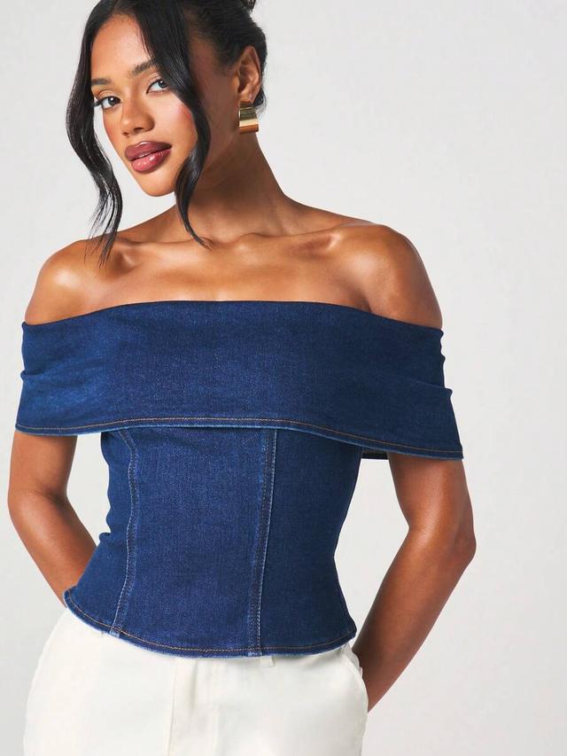 navy blue off shoulder stretch denim crop top