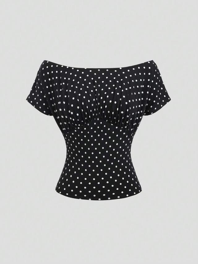 black and white polka dot boat neck fitted top