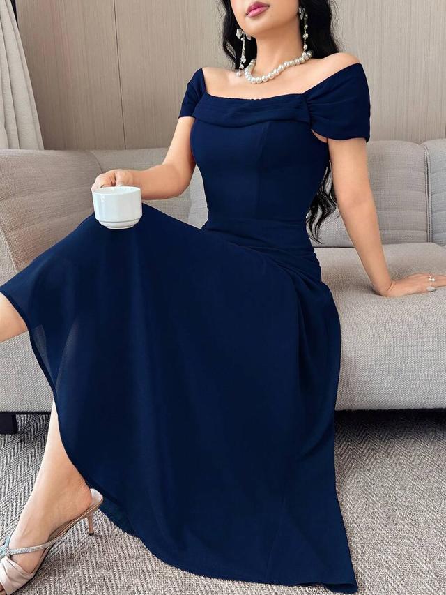 feyla women's solid navy blue off-shoulder elegant long dress