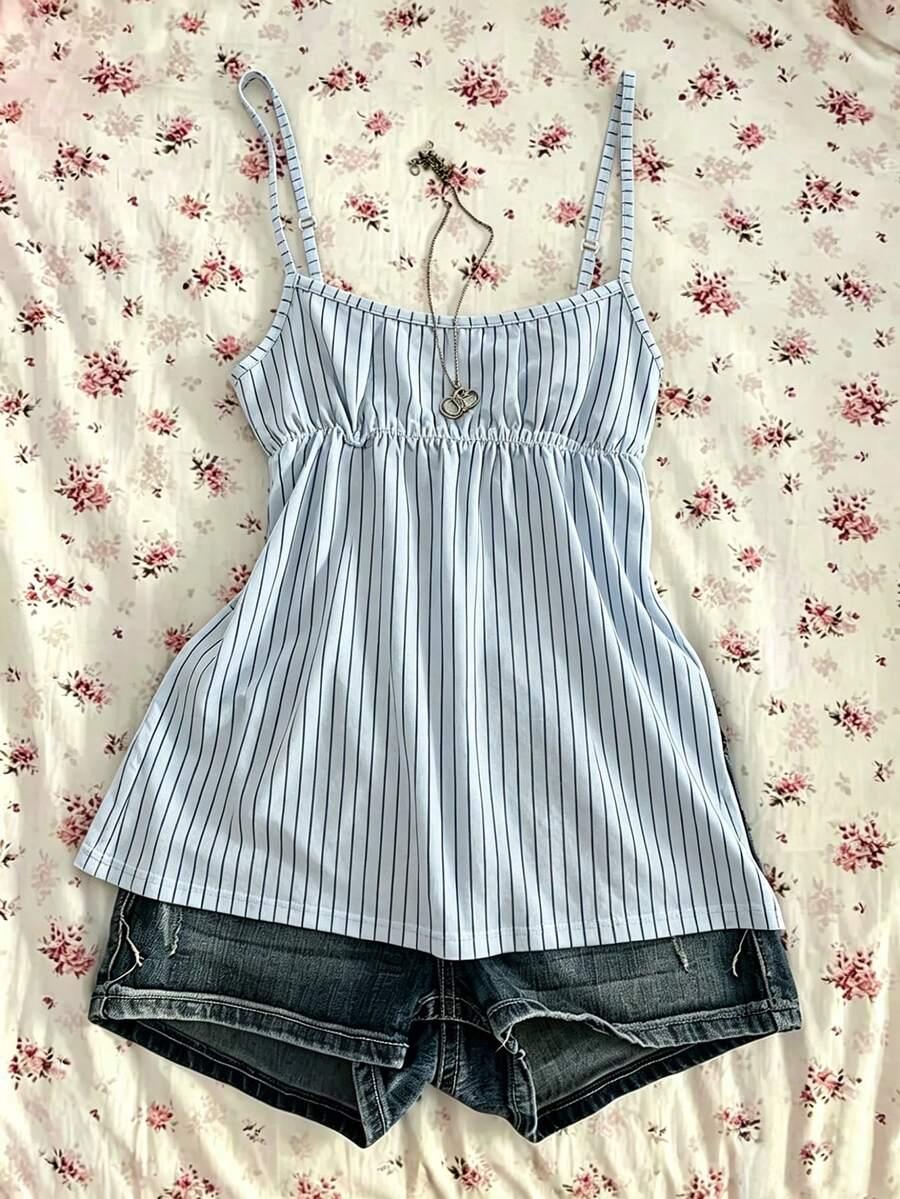 striped camisole tank top with denim shorts