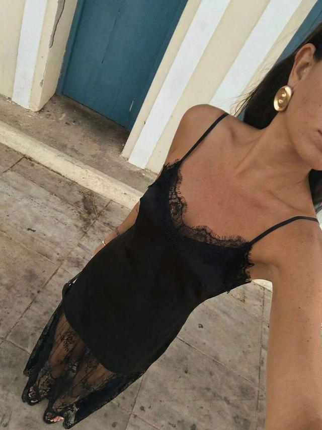 black silk satin slip dress with lace trim