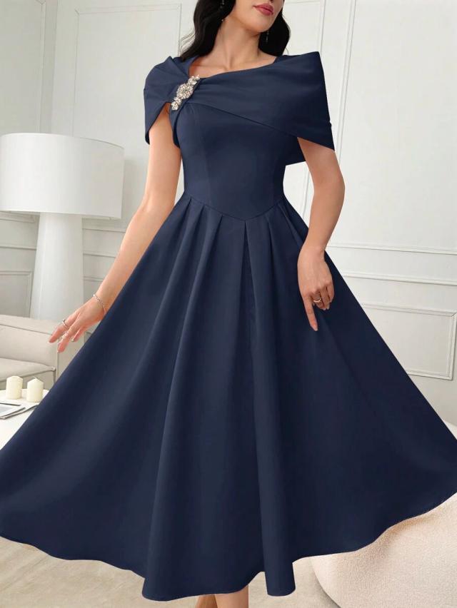 navy blue asymmetric neck elegant midi dress