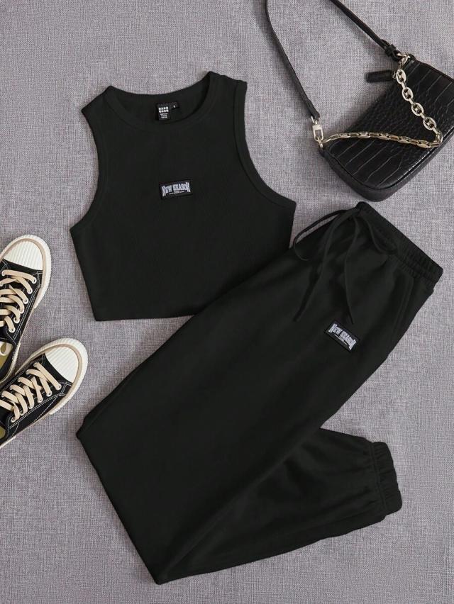 black letter patched tank top and drawstring sweatpants