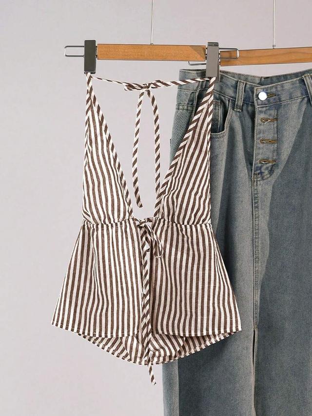 brown and white striped cross back halter tank top
