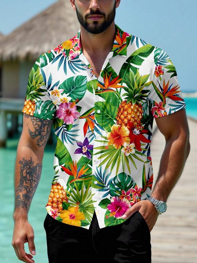 tropical pineapple print short sleeve button up shirt