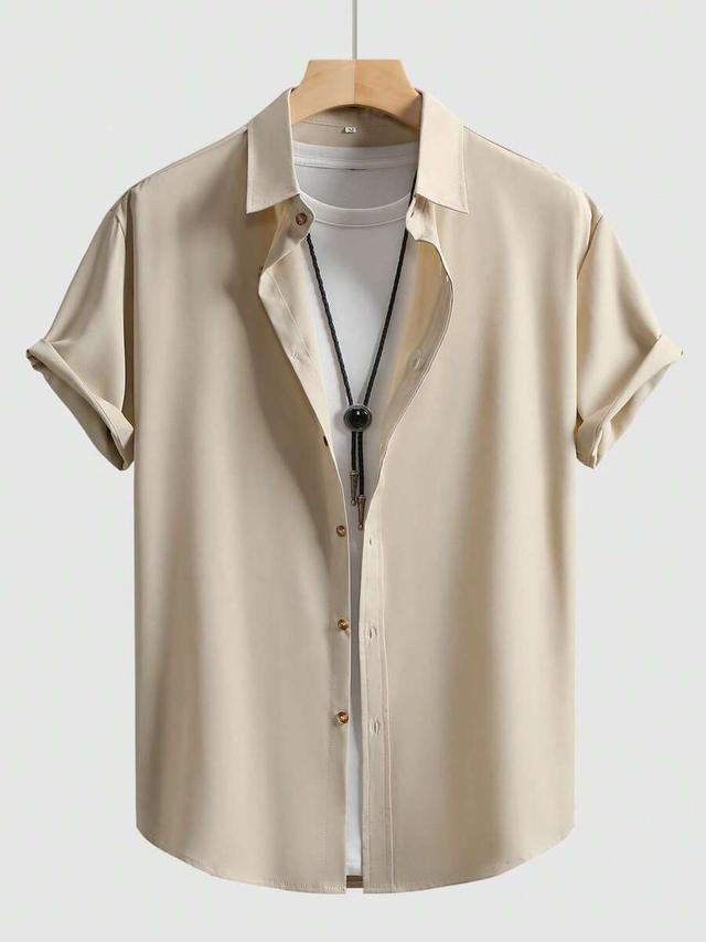 men's solid beige business casual short sleeve shirt
