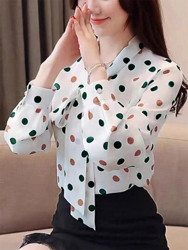 polka dot long sleeve pussybow blouse