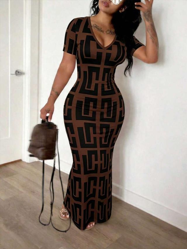 brown and black geometric print bodycon maxi dress