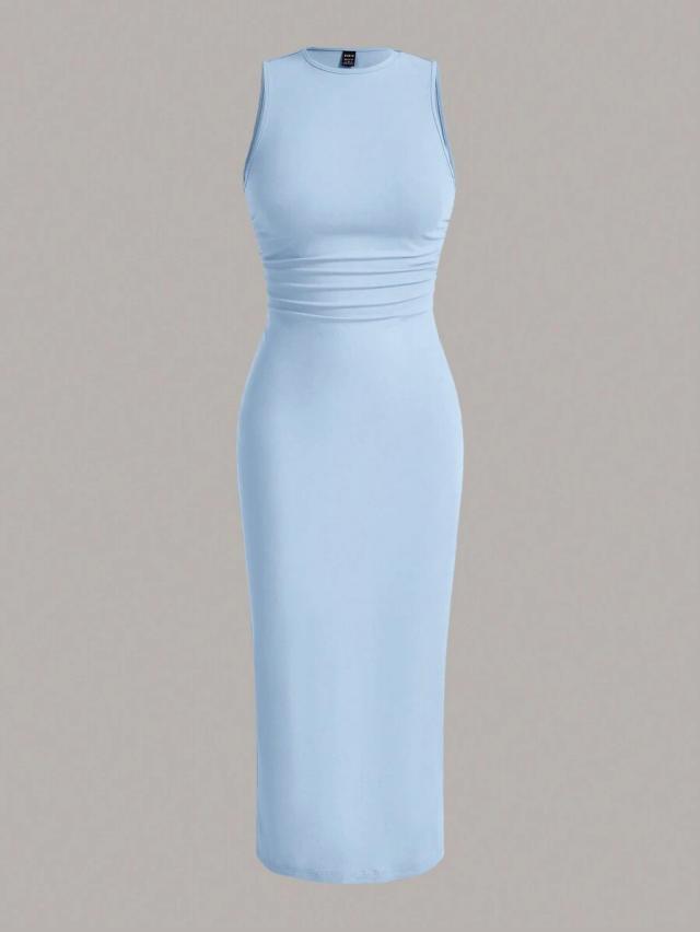 light blue sleeveless round neck ruched bodycon dress